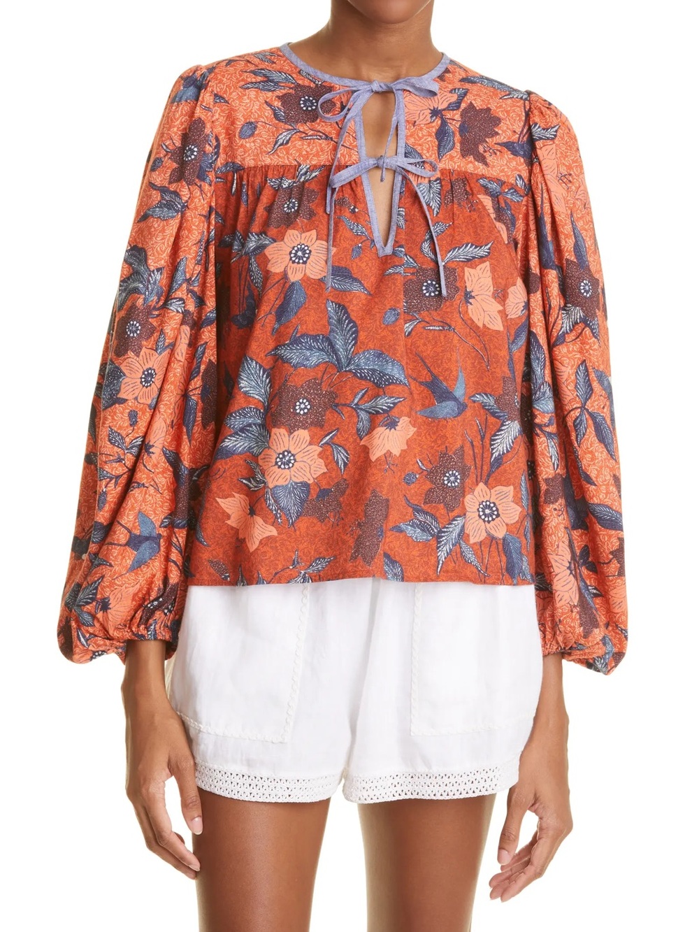 Ulla Johnson Fall Orange Floral Joanie Long Sleeve Blouse